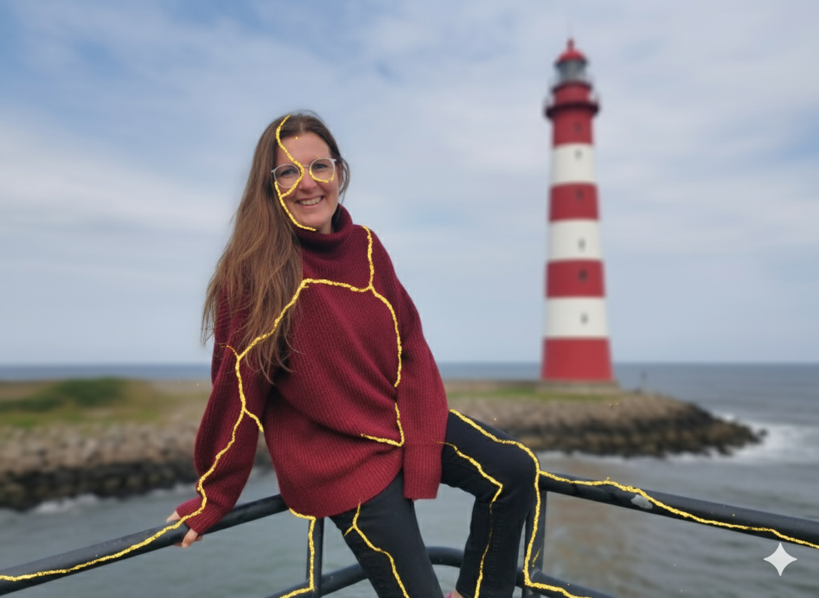 Tine, met gouden lijnen die breuken helen — een verwijzing naar kintsugi