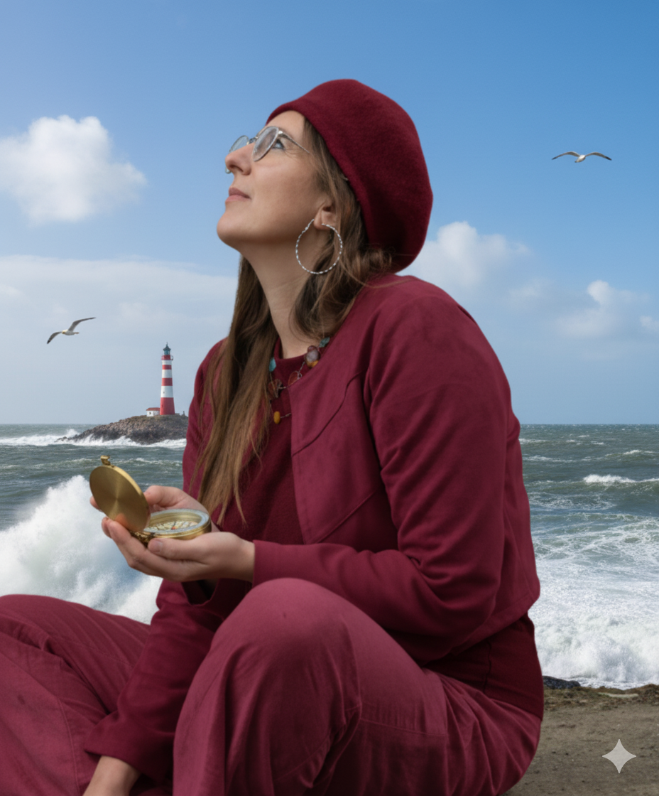 Tine met een kompas aan zee — een verwijzing naar de zachte gids