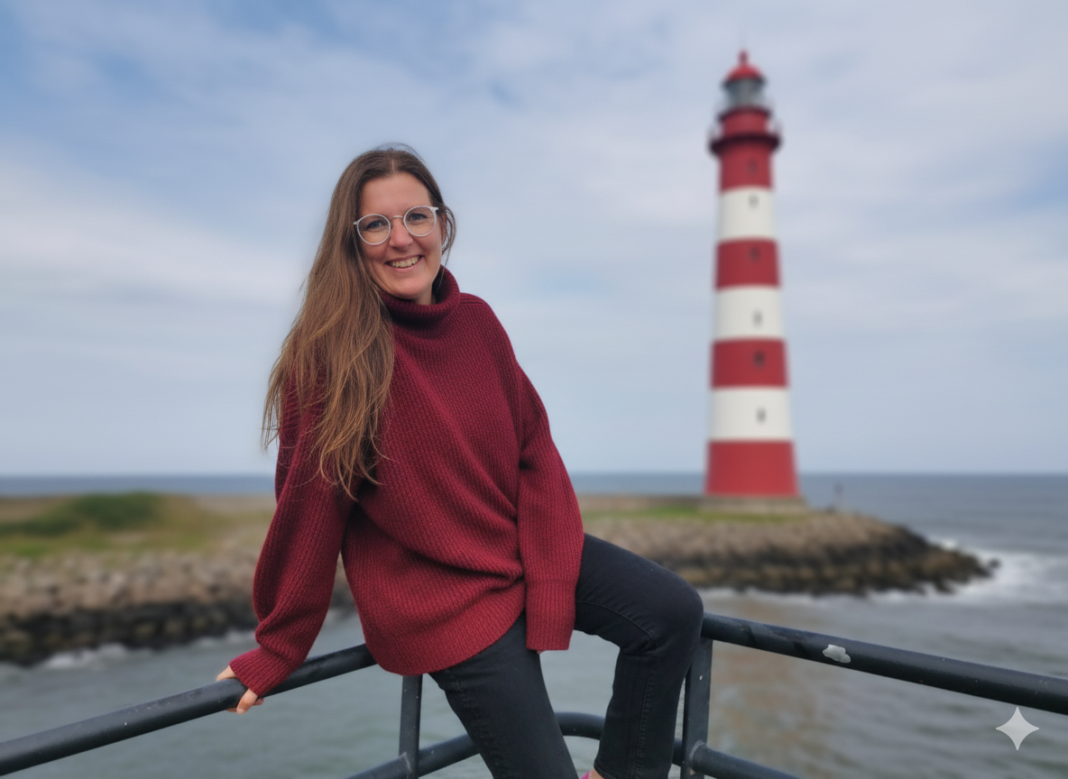 Tine, lachend, met een vuurtoren achter zich